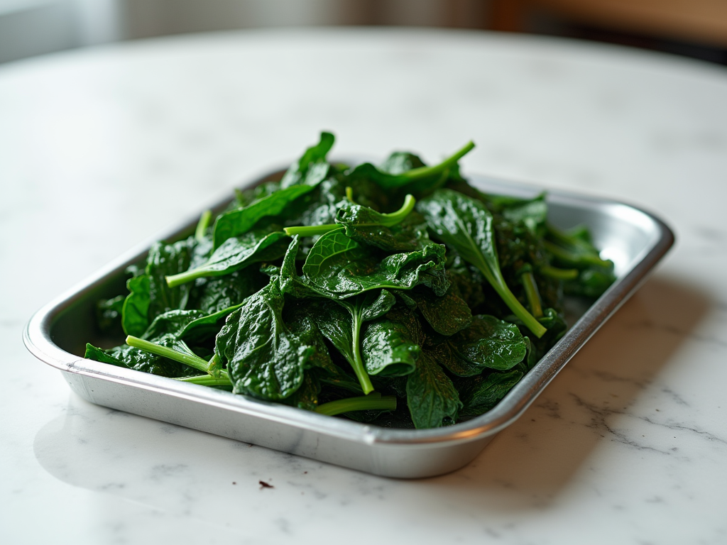 Bowl of steamed dark green spinach leaves